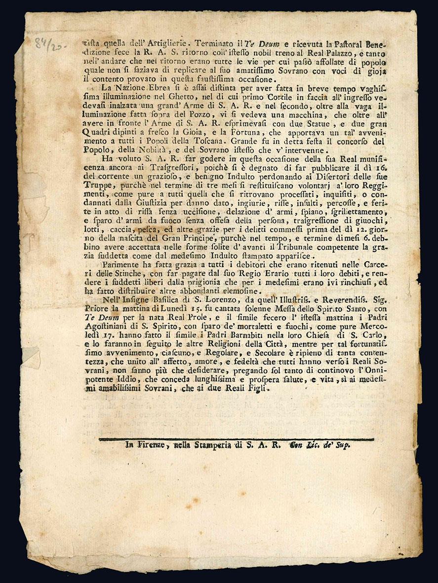 Narrazione di tutto ciò che è stato fatto in Firenze in occasione della nascita di S.A.R. il Serenissimo Arciduca Francesco Giuseppe Carlo Giovanni Gran Principe di Toscana