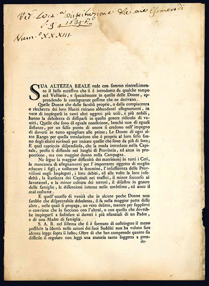 Sua altezza reale vede con sommo rincrescimento il lusso eccessivo che si è introdotto da qualche tempo nel vestiario, e specialmente in quello delle Donne… - copertina