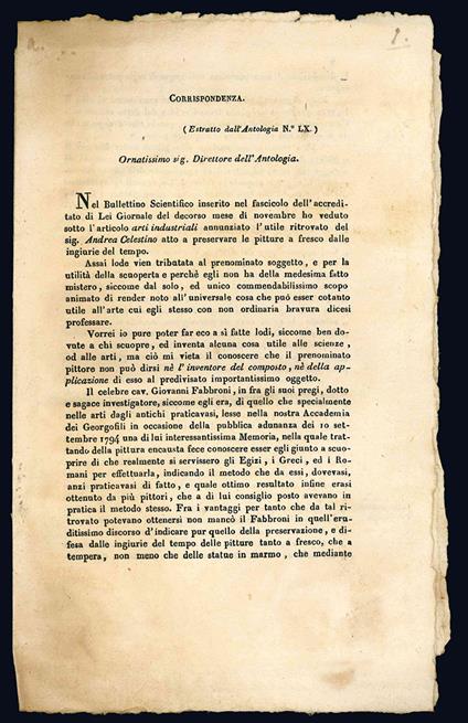 L.P. [PELLI FABBRONI, Leopoldo?]. Corrispondenza. (Estratto dell'Antologia N^ LX). Ornatissimo sig. Direttore dell'Antologia - copertina