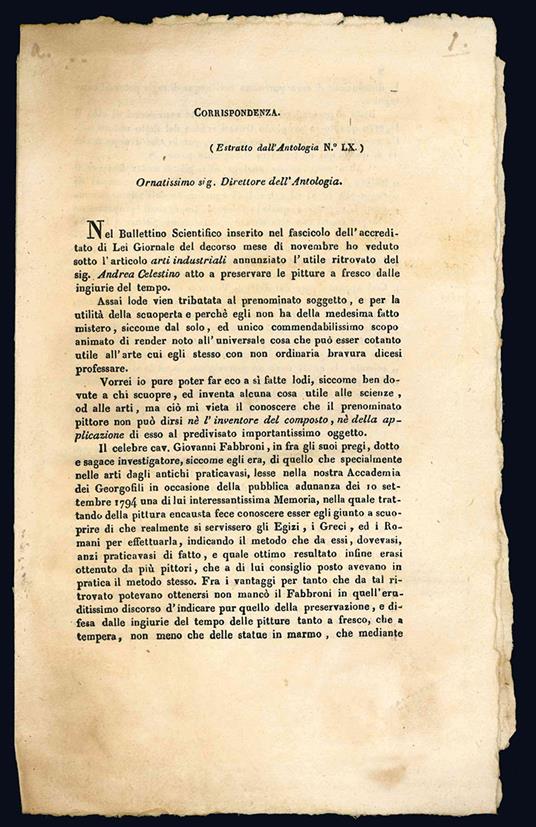 L.P. [PELLI FABBRONI, Leopoldo?]. Corrispondenza. (Estratto dell'Antologia N^ LX). Ornatissimo sig. Direttore dell'Antologia - copertina