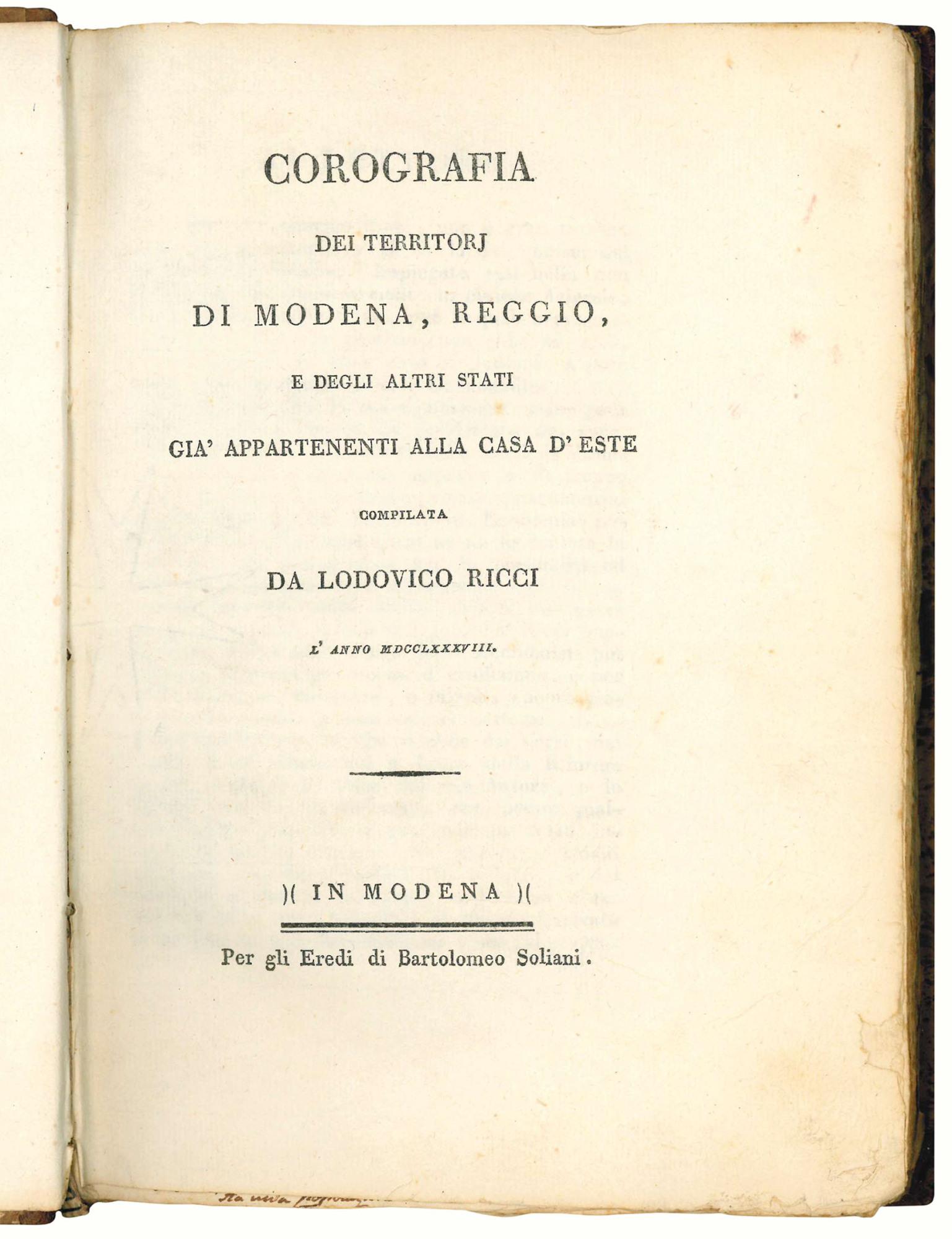 Corografia dei territori di Modena, Reggio e degli altri stati appartenenti alla casa d'Este compilata da Lodovico Ricci l'anno 1788