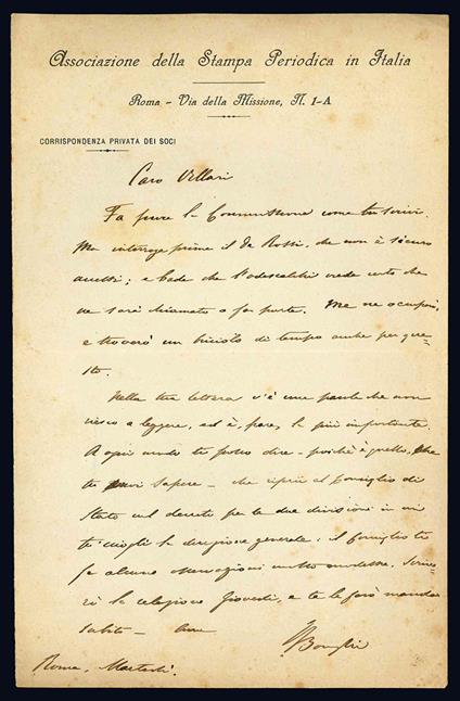 Lettera autografa a Pasquale Villari - Ruggiero Bonghi - copertina