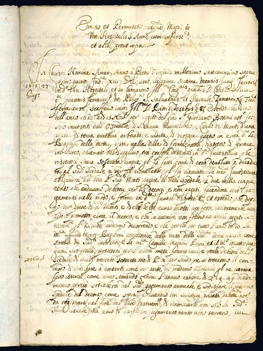 Emptio et Permutatio resque Magni et Ven. Hospitalis S. Annae, cum infrasc.tis, et alia prout infra. (Segue:) Relatio D. Ferranti de Tomaijs Agrimensoris pubblici ferrarien… 27 giugno 1675 - copertina