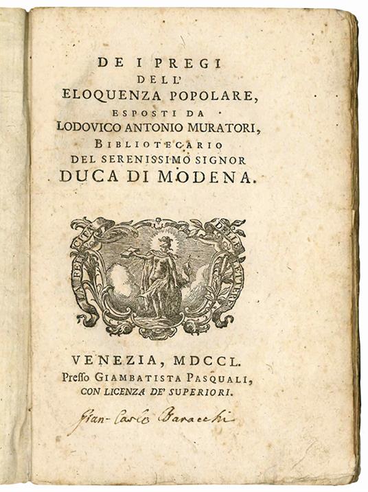 De i pregi dell'eloquenza popolare - Ludovico Antonio Muratori - copertina