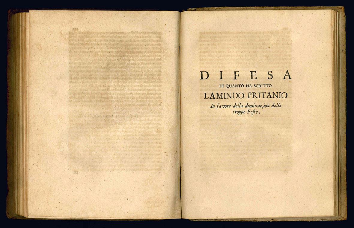 Raccolta di scritture concernenti la diminuzione delle feste di precetto. Si aggiunge la risposta di Lamindo Pritanio ad una lettera dell'eminentissimo signore Cardinale Querini intorno al medesimo argomento
