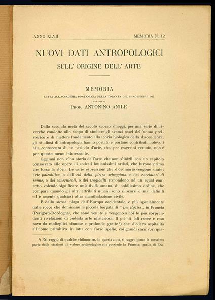 Nuovi dati antropologici sull'origine dell'arte. Memoria letta all'Accademia Pontiana nella tornata del 18 novembre 1917 - copertina