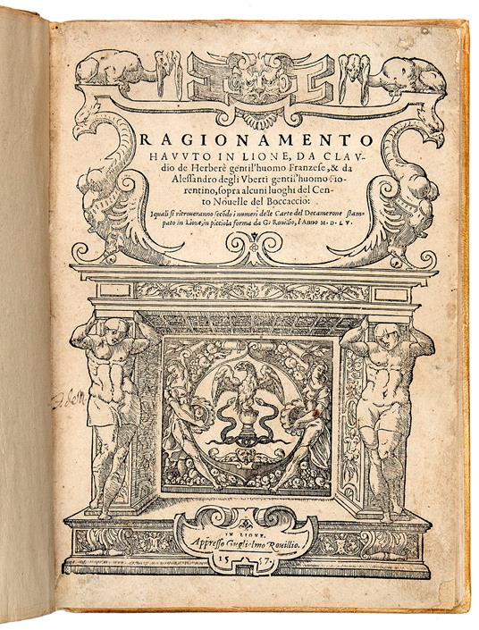 Ragionamento havuto in Lione, da Claudio de Herberè gentil'huomo franzese, et da Alessandro degli Uberti gentil'huomo fiorentino, sopra alcuni luoghi del Cento novelle di Boccaccio, i quali si ritroveranno secondo i numeri delle carte del Decamerone - Luca Antonio Ridolfi - copertina