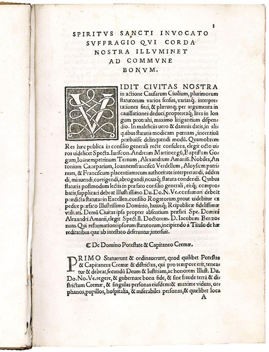 Municipalia Cremae. First colophon (l. S9r): Venice, Aurelio Pinzi, 1536. Second colophon (l. 2A3r): Venice, Giovanni Padovano & Venturino Ruffinelli, 1537