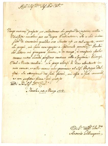 Lettera autografa al Sig. Dott. Antonio Frizzi. Finale, 24 marzo 1773 - copertina