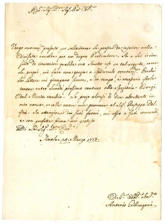 Lettera autografa al Sig. Dott. Antonio Frizzi. Finale, 24 marzo 1773 - copertina