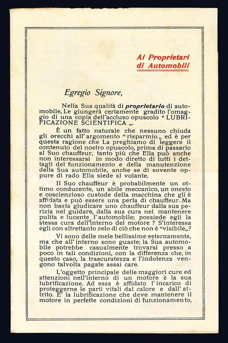 Lubrificazione scientifica dell'automobile. Gargoyle Mobiloil