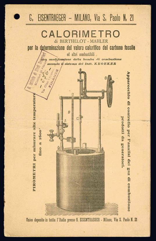 Calorimetro di Berthelot - Mahler per la determinazione del valore calorifico del carbone fossile ed altri combustibili con modificazione della bomba di combustione secondo il sistema del Dott. Kroeker - G. Eisentraeger - copertina