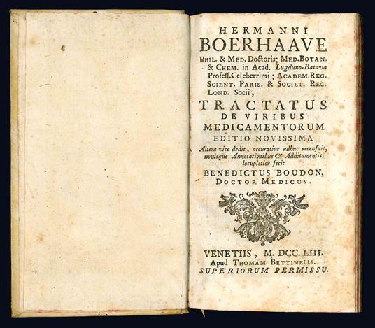 Hermanni Boerhaave ... Tractatus de viribus medicamentorum. Editio novissima. Altera vice dedit, accuratius adhuc recensuit, novisque Annotationibus & Additamentis locupletior fecit Benedictus Boudon, doctor medicus - Herman Boerhaave - copertina