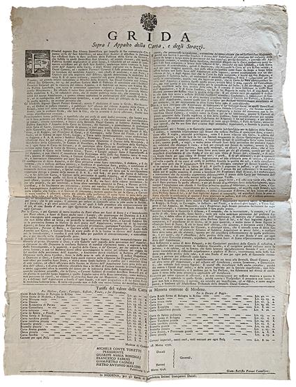 Grida sopra l'Appalto della carta, e degli Strazzi. Tariffa del valore della Carta in Moneta corrente di Modena - Ducato Di Modena E Reggio - copertina