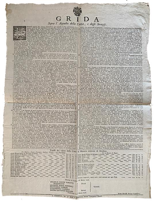 Grida sopra l'Appalto della carta, e degli Strazzi. Tariffa del valore della Carta in Moneta corrente di Modena - Ducato Di Modena E Reggio - copertina
