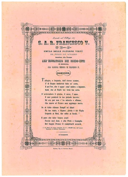 Quando nel Febbraio 1857 S.A.R. Francesco V d'Austria-Este emulo delle paterne virtù col privato suo patrimonio accertava vita perenne all'Educatorio dei sordo-muti in Modena alla gloriosa memoria di Francesco IV. Sonetto - Modena - copertina