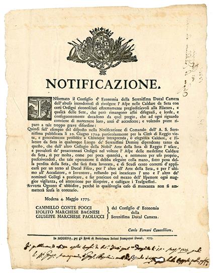 Notificazione del 4 Maggio 1775, con la quale si vietava l'utilizzo di Ordigni nel voltare l'Aspe delle Caldare da Seta - Ducato Di Modena E Reggio - copertina