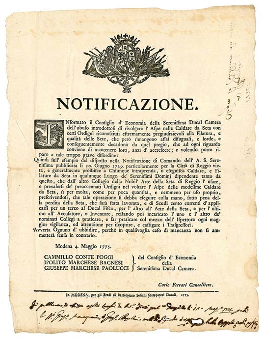 Notificazione del 4 Maggio 1775, con la quale si vietava l'utilizzo di Ordigni nel voltare l'Aspe delle Caldare da Seta - Ducato Di Modena E Reggio - copertina