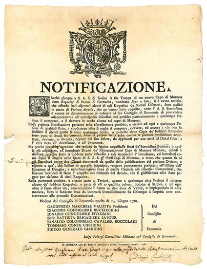 Notificazione del 14 Giugno 1782, con la quale si vietava l'acquisto o il possesso di alcun capo di Roqueloz - Ducato Di Modena E Reggio - copertina