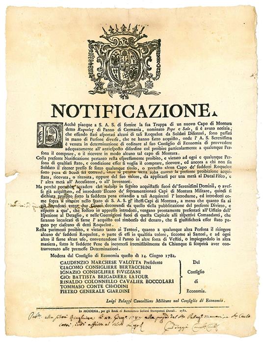 Notificazione del 14 Giugno 1782, con la quale si vietava l'acquisto o il possesso di alcun capo di Roqueloz - Ducato Di Modena E Reggio - copertina