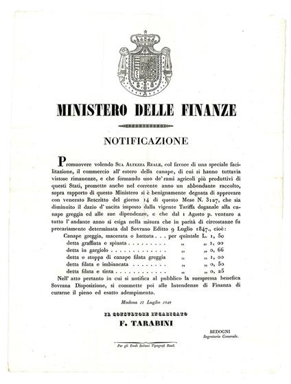 Notificazione del 17 Luglio 1849, con la quale si intendeva favorire l'esportazione della canape - Ducato Di Modena E Reggio - copertina