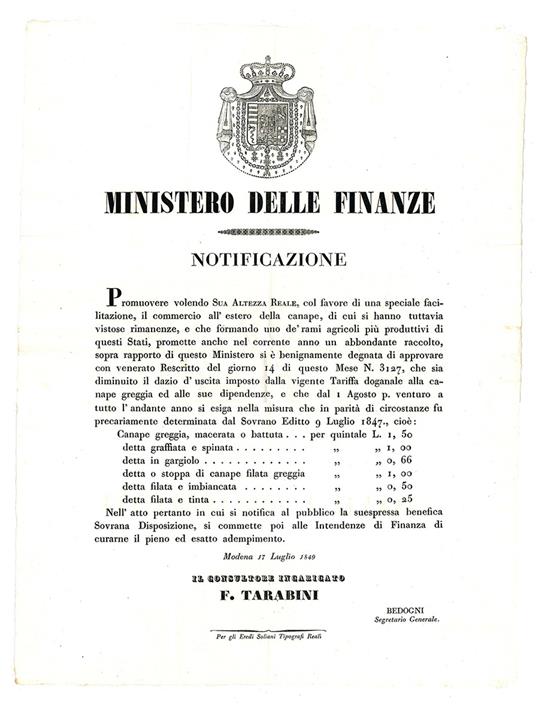 Notificazione del 17 Luglio 1849, con la quale si intendeva favorire l'esportazione della canape - Ducato Di Modena E Reggio - copertina