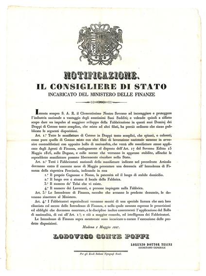 Notificazione del 1 Maggio 1847, con la quale si intendeva dare impulso alla fabbricazione dei drappi di cotone - Ducato Di Modena E Reggio - copertina
