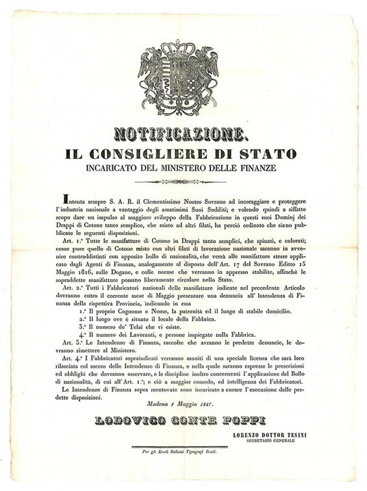 Notificazione del 1 Maggio 1847, con la quale si intendeva dare impulso alla fabbricazione dei drappi di cotone - Ducato Di Modena E Reggio - copertina