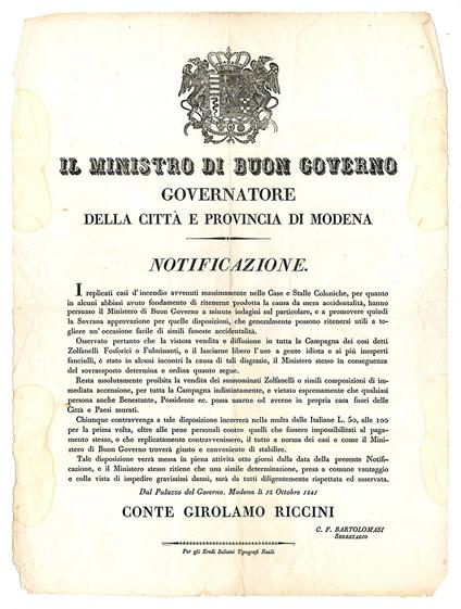Notificazione del 12 Ottobre 1841, con la quale si fornivano disposizioni volte a limitare gli incendi - Ducato Di Modena E Reggio - copertina