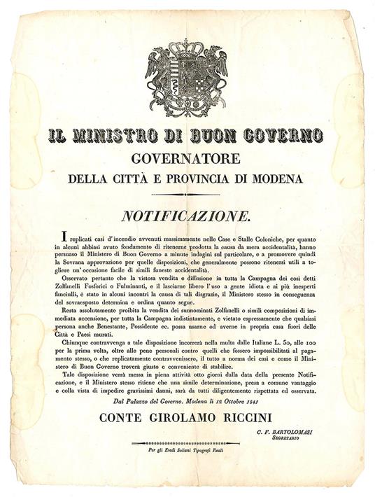 Notificazione del 12 Ottobre 1841, con la quale si fornivano disposizioni volte a limitare gli incendi - Ducato Di Modena E Reggio - copertina