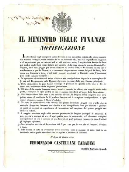 Notificazione del 12 Giugno 1854, con la quale si aboliva il dazio sull'importazione della seta all'interno della Lega doganale Austro-Estense-Parmigiana - Ducato Di Modena E Reggio - copertina