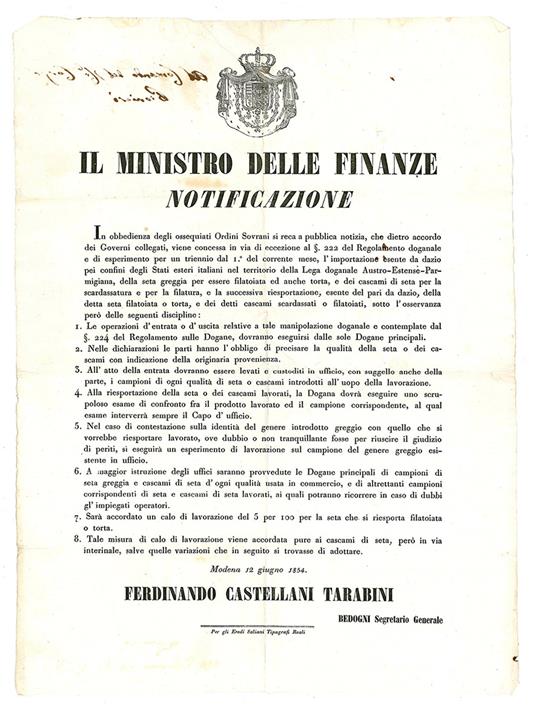 Notificazione del 12 Giugno 1854, con la quale si aboliva il dazio sull'importazione della seta all'interno della Lega doganale Austro-Estense-Parmigiana - Ducato Di Modena E Reggio - copertina