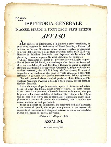 Avviso del 21 Giugno 1823, con il quale si regolamentava l'estrazione di Arene od altre materie dalle golene dei fiumi - Ducato Di Modena E Reggio - copertina