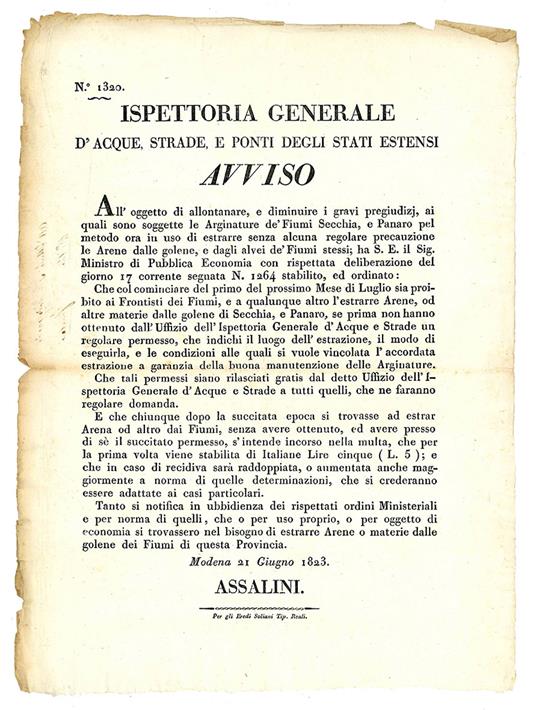 Avviso del 21 Giugno 1823, con il quale si regolamentava l'estrazione di Arene od altre materie dalle golene dei fiumi - Ducato Di Modena E Reggio - copertina