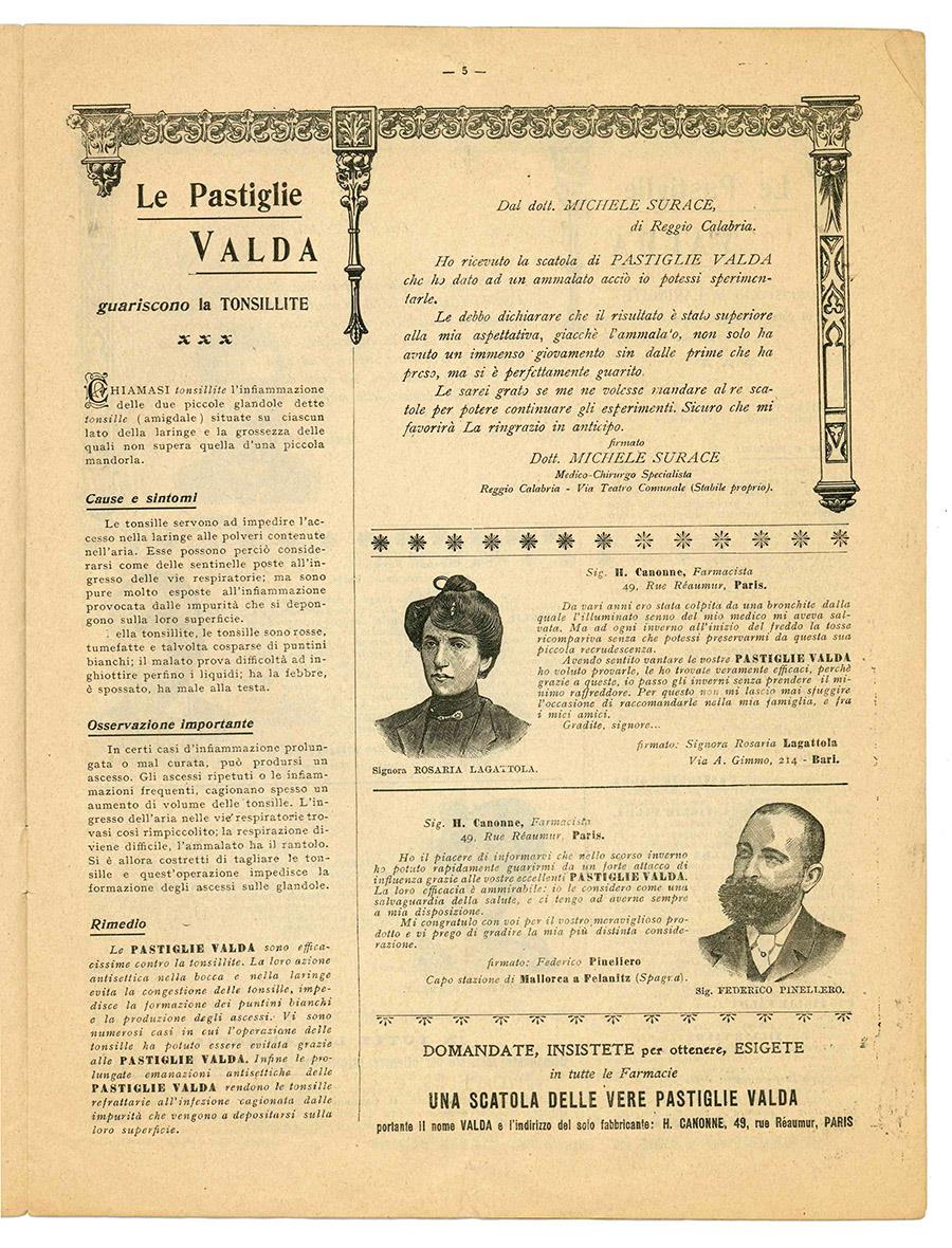 Bollettino pubblicitario illustrato delle celebri pastiglie Valda