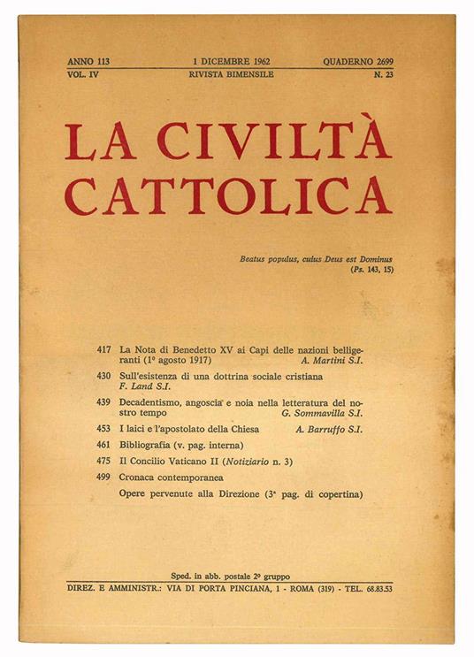 La civiltà cattolica. Anno 113. 1 Dicembre 1962. Quaderno 2699. Vol. IV. N. 23 - Periodici - copertina