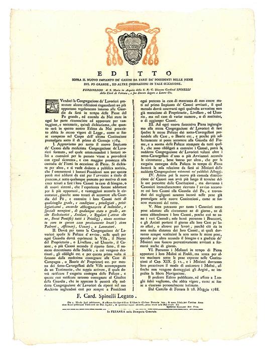 Editto sopra il nuovo impianto de' Casoni da farsi da' Possidenti nelle piene del Po Grande, ed altre ordinazioni in tale occasione - Ferrara - copertina