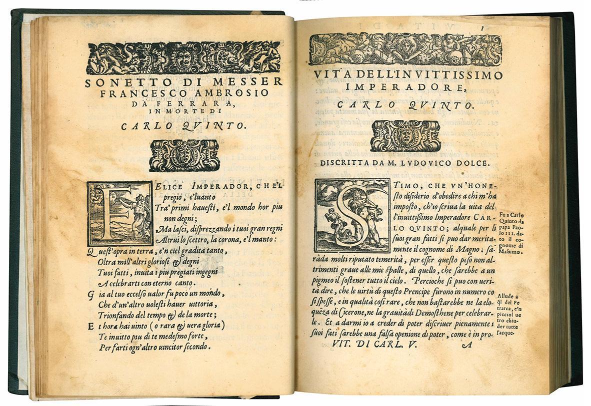 Vita di Carlo Quinto Imp. descritta da M. Lodouico Dolce. (Insieme a:) Immortalità dell'invittissimo et gloriosiss. Imperator Carlo Quinto dedicatagli in lingua latina dal signor Anatholio Desbarres, e nuouamente tradotta nella volgar lingua da m. L