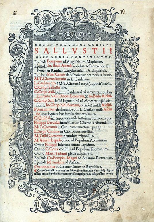 Hoc in volumine C. Crispi Sallustii haec omnia continentur. Epistola Pomponii ad Augustinum Mapheum. Epistola Io. Badii Ascensii [...] M.T. Ciceronis oratio in L. Catilinam [...] C. Crispi Sall. bellum Catilinarium cum interpretationibus Laurentii Va - Gaius Sallustius Crispus - copertina