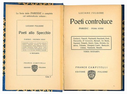 Poeti controluce. Parodie - Prima serie. Terza ristampa. (Insieme a) Poeti allo specchio. Parodie. Seconda serie - Luciano Folgore - copertina