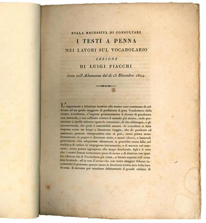Sulla necessità di consultare i testi a penna nei lavori sul vocabolario lezione di Luigi Fiacchi detta nel dì 13 dicembre 1814 - copertina
