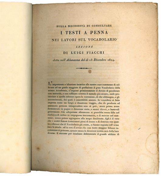 Sulla necessità di consultare i testi a penna nei lavori sul vocabolario lezione di Luigi Fiacchi detta nel dì 13 dicembre 1814 - copertina