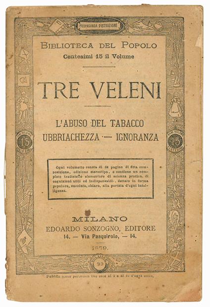 Tre veleni. L'abuso del tabaccco, ubbriachezza - ignoranza - copertina