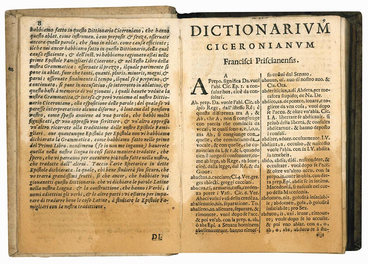 Dictionarium Ciceronianum Francisci Priscianensis. In quo omnia vocabula Ciceroniana leguntur, atque Italice explicantur. Opus ad Latini sermonis intelligentiam, atque ad eius incorruptam integritatem servandam accomodatum [...] Nuperrime per Rever.