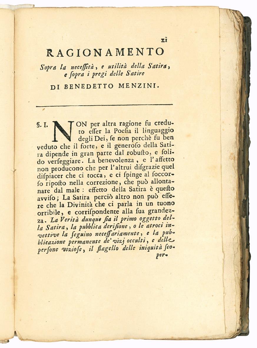 Le Satire di Benedetto Menzini fiorentino con le note di Anton Maria Salvini, Anton Maria Biscioni, Giorgio Van-der-Broodt, e altri celebri autori. Si aggiunge un Ragionamento sopra la necessità, e utilità della Satira, e su i pregi delle Satire del