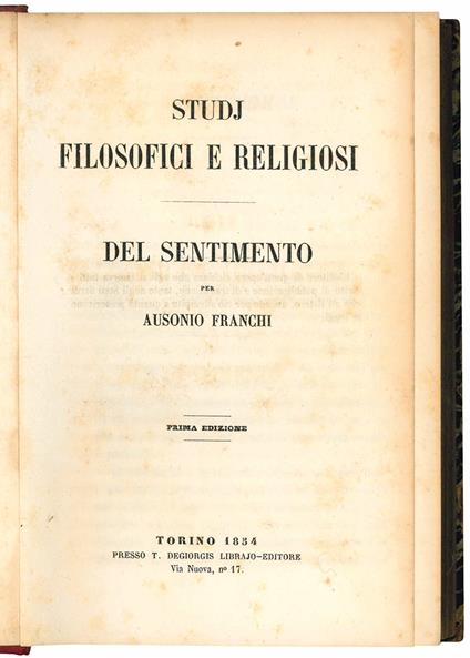 Studj filosofici e religiosi. Del sentimento - Ausonio Franchi - copertina