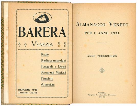 Almanacco Veneto per l'anno 1931. Anno tredicesimo - Almanacco Veneto - copertina