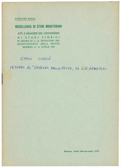 Intorno al "Governo della peste" di L. A. Muratori (con postille e documenti inediti) - Carlo Cordie - copertina