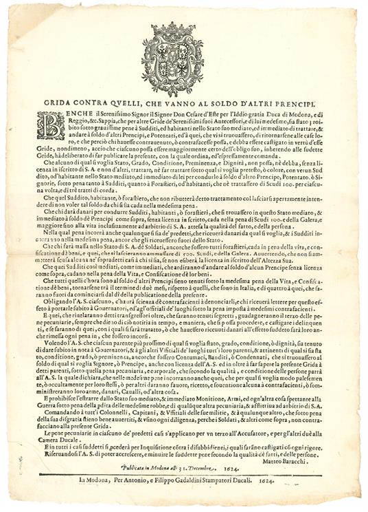 Grida contra quelli, che vanno al soldo d'altri Prencipi - Ducato Di Modena E Reggio - copertina