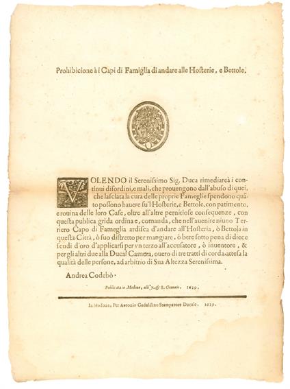 Prohibicione à i Capi di Famiglia di andare alle Hosterie, e Bettole - Ducato Di Modena E Reggio - copertina